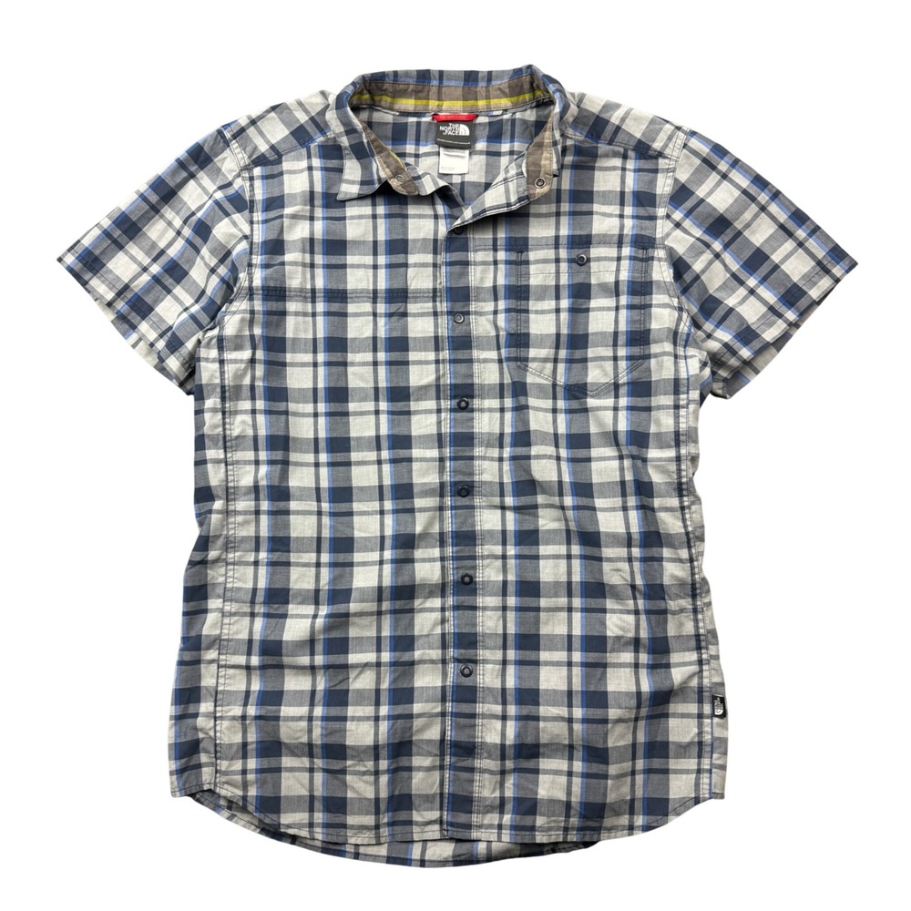The North Face Men Medium Blue Grey Plaid Short Sleeve Button Up Shirt Hike Camp
